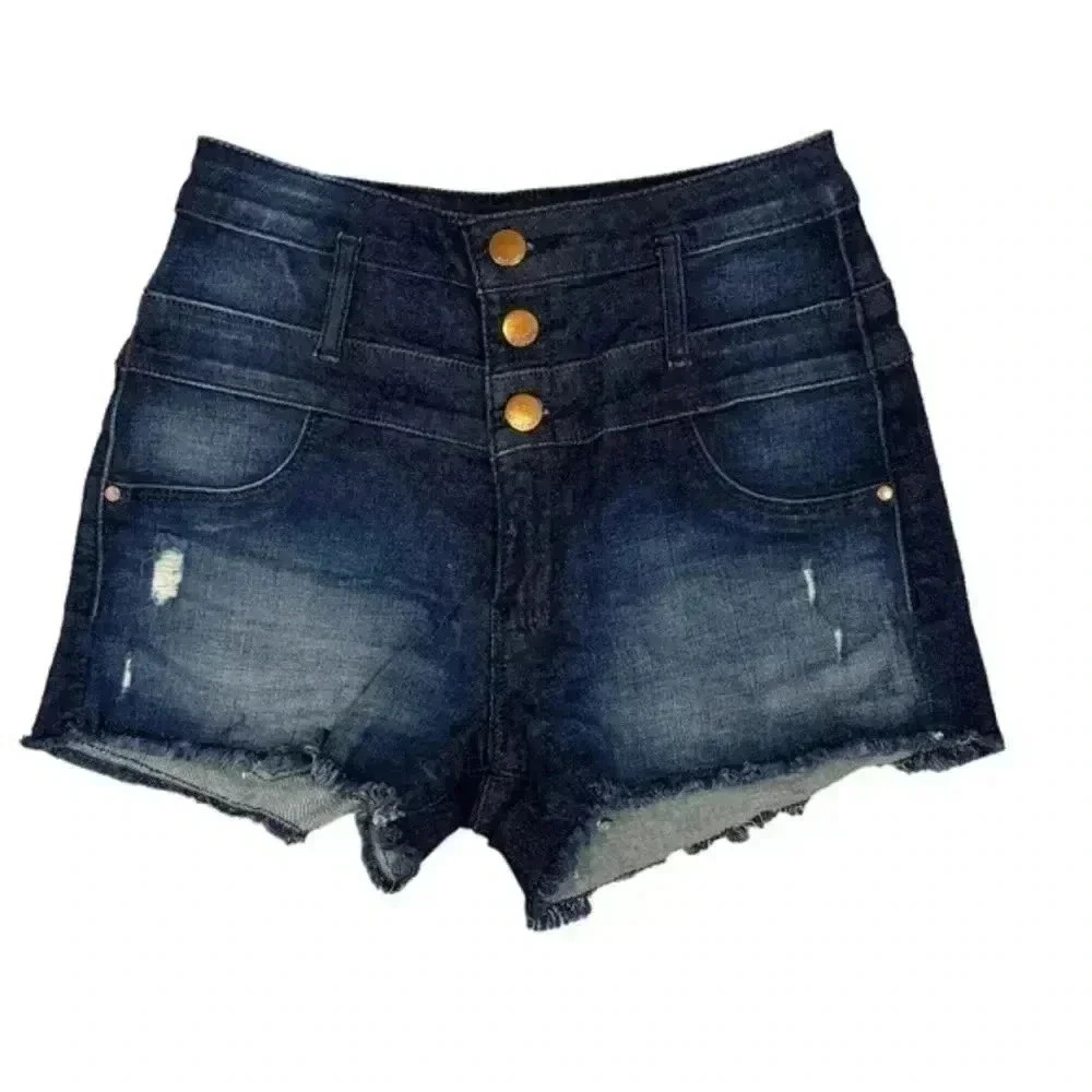Refuge High-Rise Dark Wash Distressed Denim Short